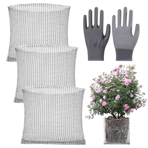 LEIMEND Wühlmauskorb Set 3 Stück Wurzelschutz aus Edelstahl Mit 1 Paar Handschuhe Wurzelschutz gegen Wühlmäuse Pflanzkorb Blumenzwiebeln für Gemüse Bäumen Blumen 60X60cm