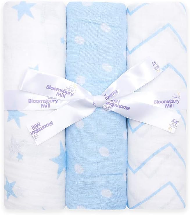 Bloomsbury Mill - Baby Swaddle Blanket - Soft 100% Organic Cotton Swaddles for Newborn - Large Muslin Cloths for Baby Boys - Pack of 3 - Baby Essentials for Newborn - Blue & White - 120x120cm