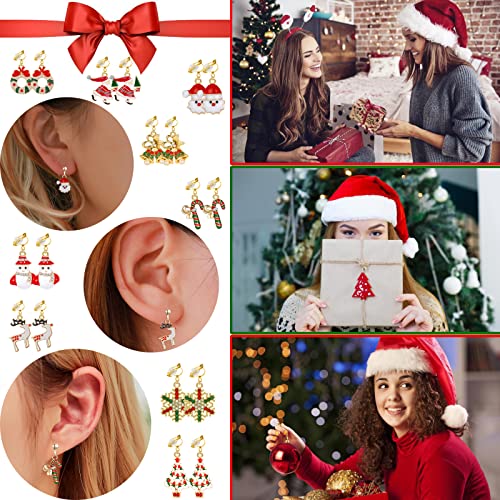 Ronglry 9Pairs Christmas Earrings For Women Girls Holiday Xmas Stud Earrings Christmas Trees Snowman Bells Santa Claus Dangle Earrings Set Cute Festive Jewelry Gifts Clip On #TOP5