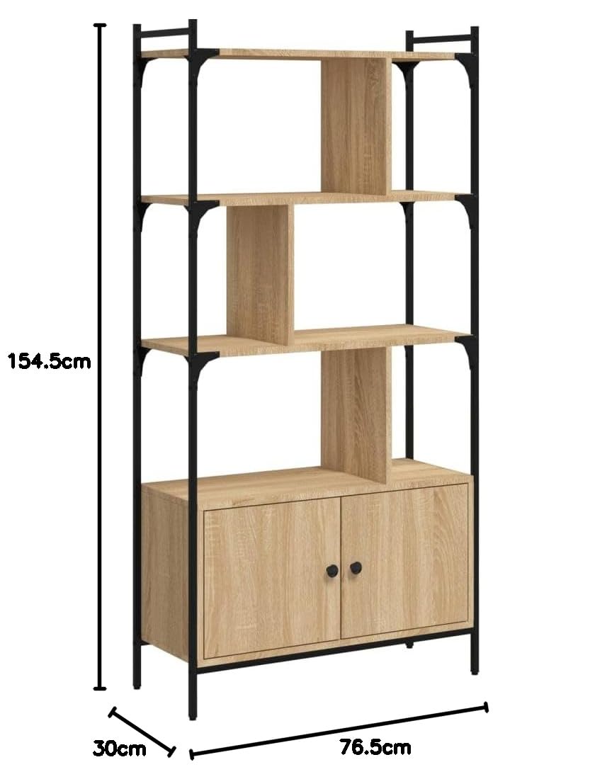 Scaffale per soggiorno, libreria, scaffalatura decorativa con porta, rovere Sonoma, 76,5 x 30 x 154,5 cm, materiale in legno per libri, soggiorno, studio, ufficio