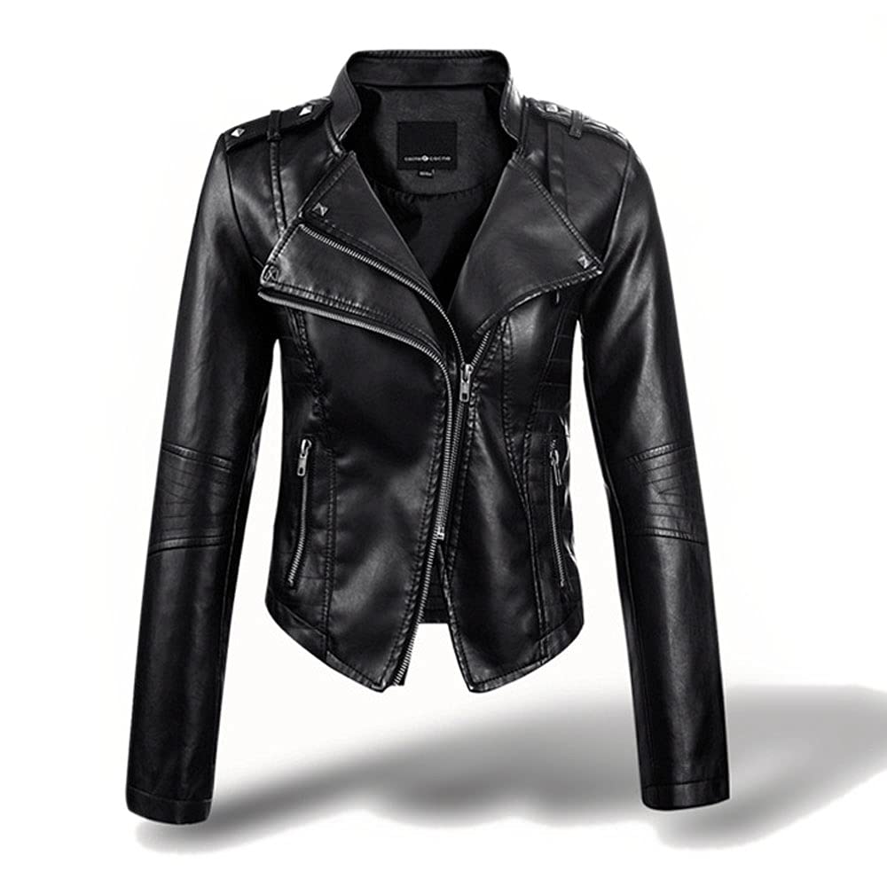 zzxswc Punk Rivet Leather Jacket Women's Short Slim Slant Classic Zipper Fashion Moto Faux PU Leather Jacket Coat