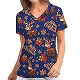 OUMSHBI Kasacks Damen Pflege Weihnachten Schlupfhemd Kasack Motiv Tier Bedruckt Schlupfkasack Kurzarm T-Shirts Mit Taschen V-Ausschnitt Berufsbekleidung Damen - Kasack - Tunika Arbeitskleidung