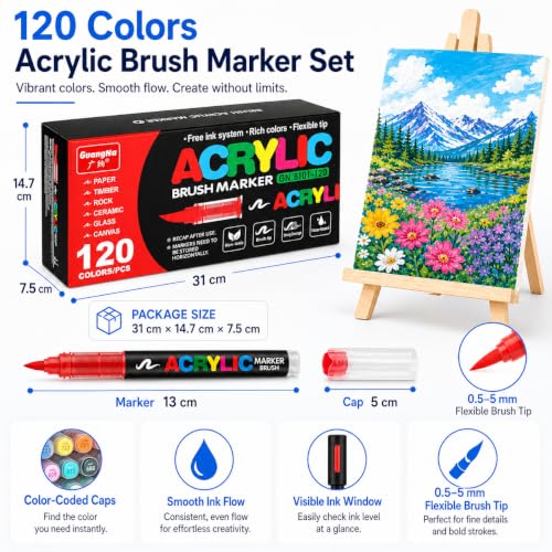Image of Amamao - 120 Colors Acrylic Paint Markers with Soft Brush Tip for Wood, Stone, Canvas, Glass, Fabric, Egg, Painting on Stones and Crafts