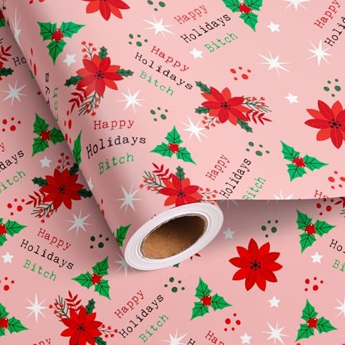 Vnaaem Funny Chrismas Wrapping Paper Roll for Women Aldut - Pink Xmas Floral, Happy Holiday Bixxh Text Rude Xmas Gift Wrap Sheets for Holiday Winter Birthday DIY Craft Party(Total 28.5sq.ft)