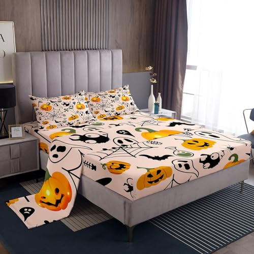Erosebridal Halloween Bed Sheets Full Size,Graffiti Spooky Sheet Set for Kids Teens Adult,Pumpkin Bedding Set,Gothic Ghost Bat Fitted Sheet + Flat Sheet + 2 Pillow Shams Home Room Decor