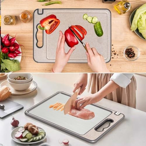 Tagliere Double Face In Acciaio Inox 304 E Paglia Di Grano - 36,5x24,5 Cm, Antiscivolo - 3