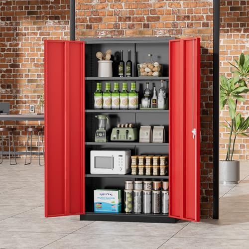 Image of Greenvelly Metal Storage Cabinet, 72 inch Black Locking Metal Garage Storage Cabinet with Doors and 4 Adjustable Shelves, Lockable Steel Cabinet for Home Office, Garage, Shop, School (Red 36 inch W x 18 inch D)