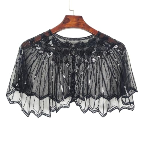 1920s Shawl Wraps Sequin Beaded Evening Cape Bridal Shawl Evening Dress Bolero Flapper Cover Up Vintage Mesh Shawl (Black)3