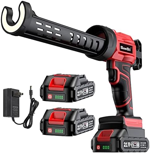 Cordless Caulking Gun[2023 Upgrated],Seesii 21V Battery Operated Caulking Gun w/2 x 2.0AH Battery & Charger,Electric Caulking Gun w/LED Light,4 Adjustable Speeds Adhesive Gun Kit for Filling,Sealing -