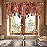 Leeva Burgundy Damask Valances for Windows - Vintage Wave Jacquard with Beaded Tassels, Rod Pocket Elegant Valance for Living Room & Bedroom, 52' W x 18' L