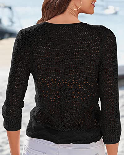 Image of Nulibenna Womens Sheer Shrug Sweaters 3 /4 Sleeve Open Front Tie Cardigan Bolero Jacket Lightweight Crochet Knit Cover Up Tops