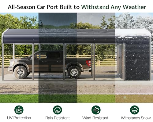 Jocisland 12x24 FT 2-in-1 Carport & Storage Shed, Heavy Duty Carport with Galvanized Steel Roof, 12x4.2 FT Metal Shed with 2 Transparent Panels & Double Doors, Car Canopy for Cars, Boats, Trucks - Thumbnail 5