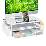 AUPSEN White Monitor Stand Riser, 2-Tier Wood Computer Desk Organizer with Drawer, Pen Storage & Phone Holder, Office Desk Accessories Desktop Organizer for Office Supplies