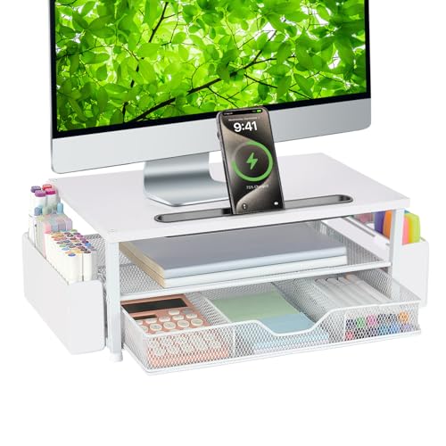 AUPSEN White Monitor Stand Riser, 2-Tier Wood Computer Desk Organizer with Drawer, Pen Storage & Phone Holder, Office Desk Accessories Desktop Organizer for Office Supplies