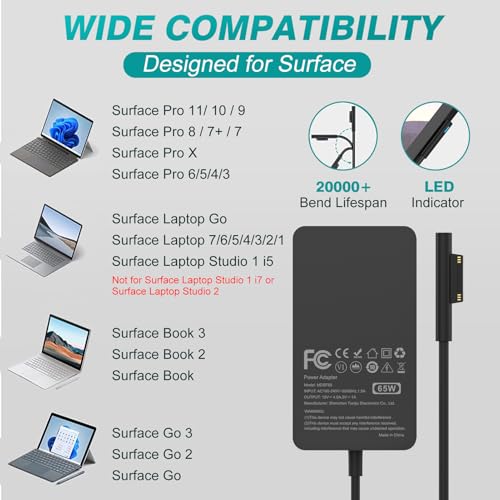 65W Surface Pro Laptop Charger for Microsoft Surface Pro 10, 9, 8, 7+, 7, 6, 5, 4, 3, X, Windows Surface Laptop 6, 5, 4, 3, 2, 1, Surface Go Tablet, Surface Book 3, 2, 1, Support 44W, 36W, LED, 10FT
