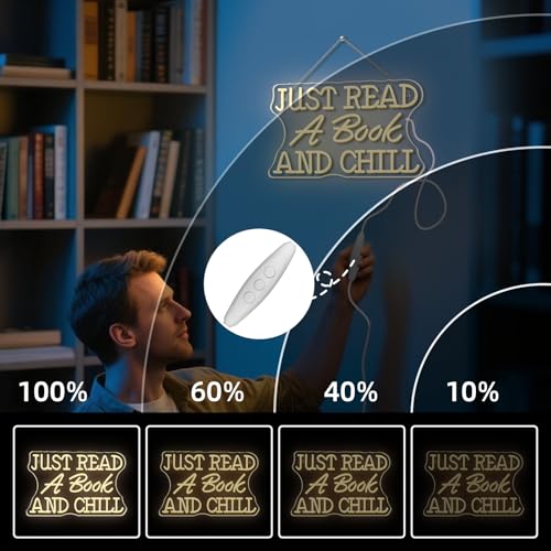 Image of Just Read a Book and Chill White LED Neon Lights Wall Decor LED Sign with Dimmable Switch Neon Light Up Sign for Classroom Bookstore Library Study Room Reading Party