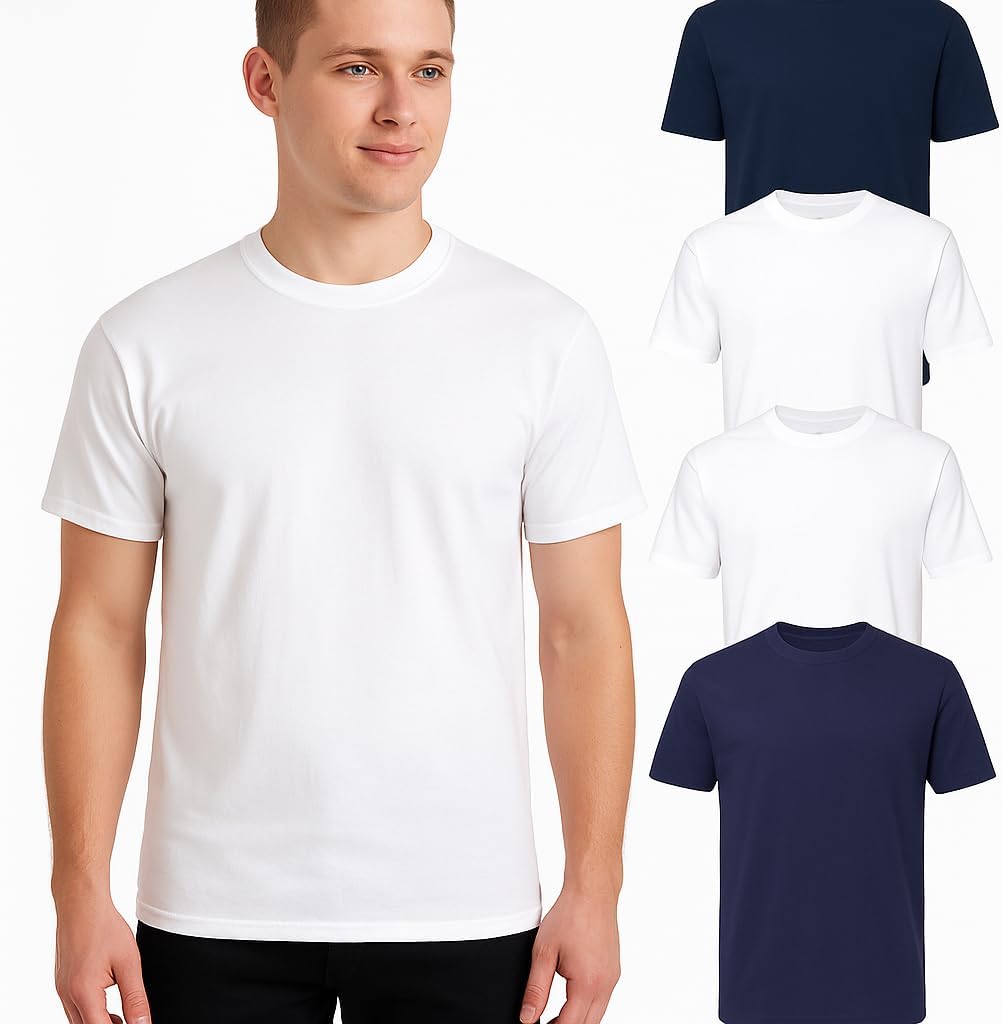 Men's 100% Cotton Crew Neck T-Shirt Classic Fit Plain Breathable & Short Sleeve Tee |Pack of 4|2 Navy Blue 2 White - Image 2