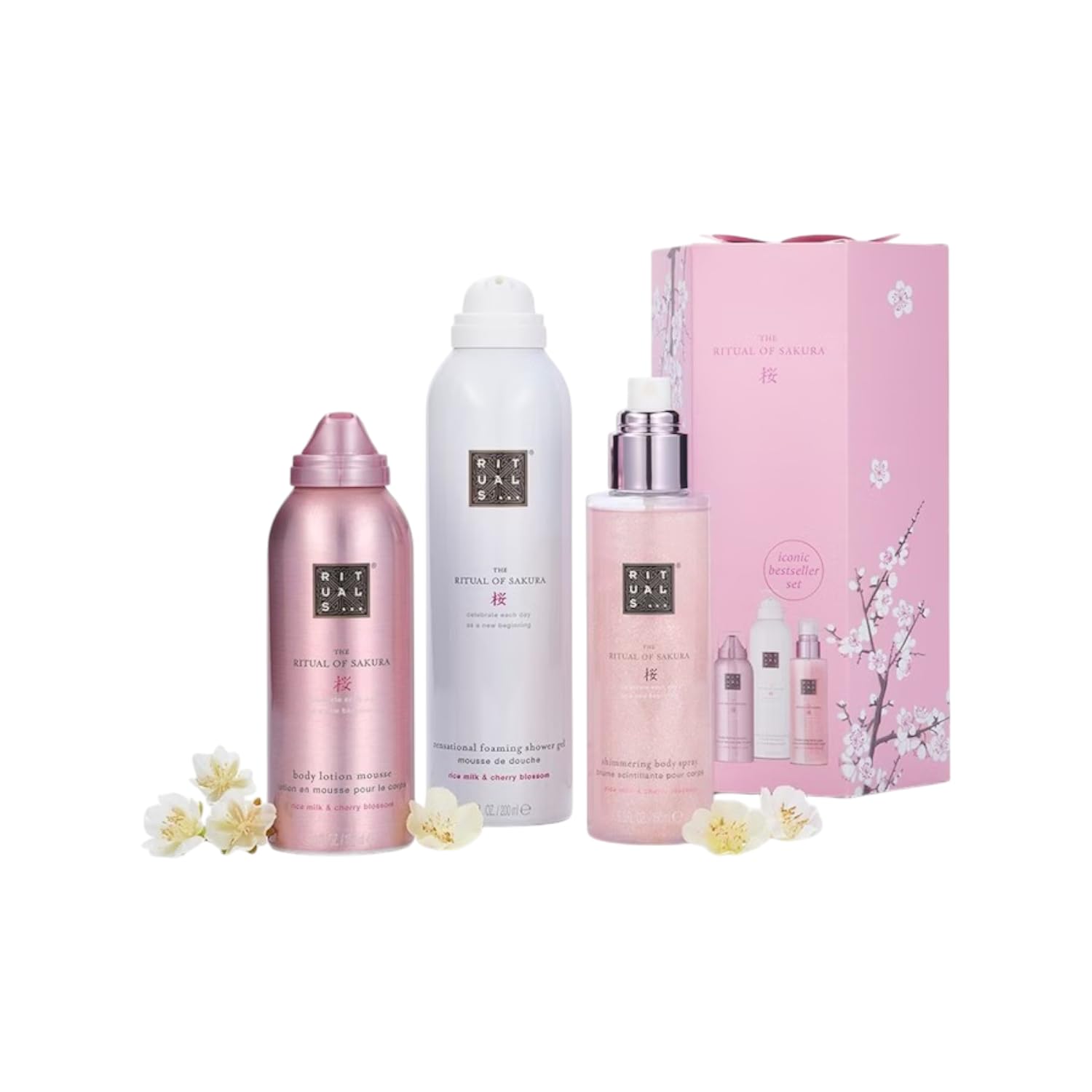 Rituals The Ritual of Sakura Bestseller Set, Duschschaum, Körper-Mousse & Körperspray, Kirschblüten-Reismilch-Duft, 3-tlg.