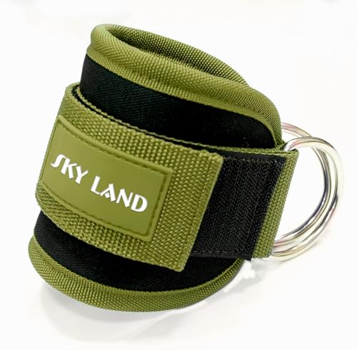 SKY LAND Ankle Strap (single pc) Padded Gym Cuffs for Cable Machines. Kickbacks Glute Workouts Leg Extensions. Steel D Ring Adjustable Neoprene Support. Perfect for Resistance Bands. EM-9368-Olive