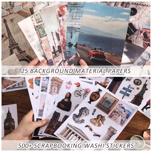 Image of 57 Sheets Vintage Travel Scrapbook Sticker Book, 500+ Vintage & Modern Stickers for Scrapbooking, 25 Pcs Ephemera Papers Art Scrapbook Supplies for Adults Teens Women Girls Junk Journal Journaling