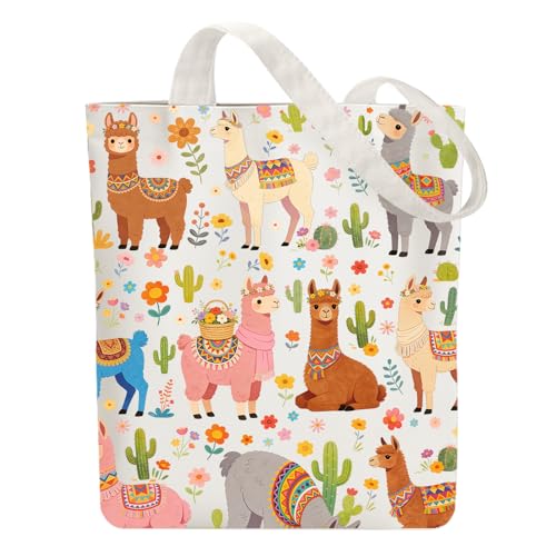 ANATTASOUL Tote Bag Femme,Sac en Toile Imprimé,Sac Fourre-Tout Reutilisable,Coton Alpaga et Cactus Sacs de Courses,38 * 40cm Large Blanc Sac Tote Bag en Toile...