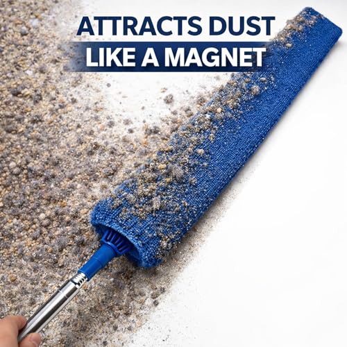 Image of Retractable Gap Dust Cleaner with Extension Pole & 3 Microfiber Cloths | Cleaning Tools with 3 Microfiber Dusting Cloths | Long Handle Duster 30-100'' | Under Refrigerator Furniture Appliance Blue