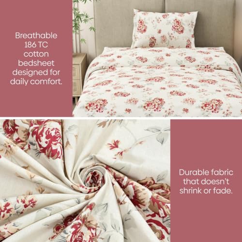 Image of Haus & Kinder Single Bedsheet for Single Bed with Pillow Cover Pure Cotton 186 TC | Soft & Silk Bedsheet for Single Bed |58 x 98 Inches - English Rose Reverie