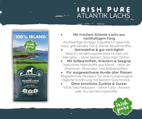 Irish Pure Atlantik Lachs Adult - Hundefutter - 12kg + 6x390g - getreidefreies Trockenfutter & Nassfutter – hypoallergen mit Kelp-Alge & Gemüse – Single Protein – natürlich & sensibel - Sparpaket