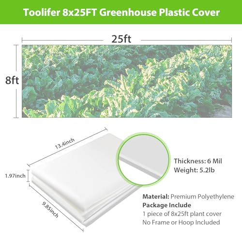 Toolifer GF-25 Greenhouse Plastic Sheeting 8X25Ft, 6 Mil Thick Clear Polyethylene Film, Waterproof Wind Frost Dust Uv Resistant Green House Plastic Covering thumb #1