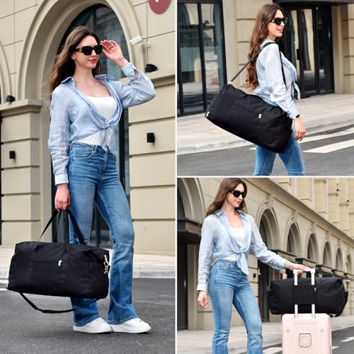Carry on luaggage 22x14x9 Airlines Approved, Foldable Travel Duffel Bags Weekender Overnight Carry on Duffel Luggage Gym Duffle Bag with Wet Pocket & Shoe Compartment for Women Men(Black, 40L)2