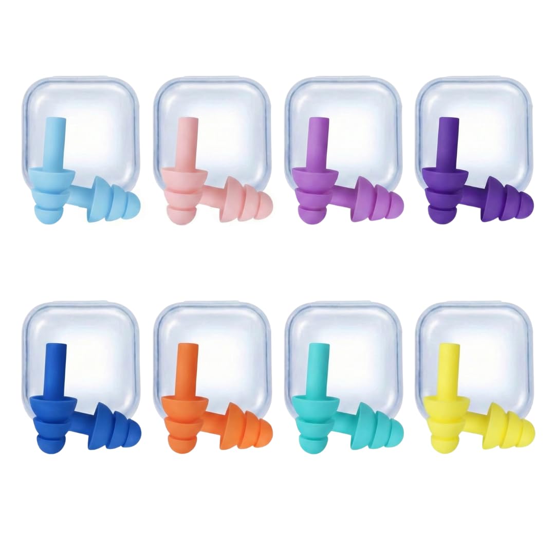 LOOPITO 8 Pairs of Reusable Silicone Earplugs with Noise Reduction for Sleep, Study, Work – 3-Layer Sound Insulation Earplugs with 32 dB Noise Cancellation – Ideal for Swimming, Travel, Meditation (Box Case, Pack of 8)