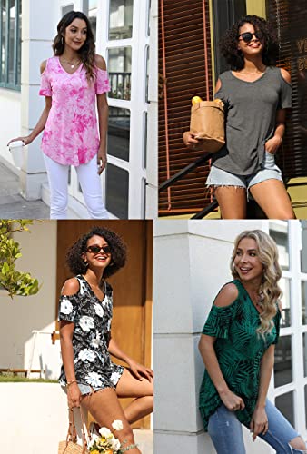 Cathy Women's V Neck Tunic Top Cold Shoulder T-Shirt Short Sleeve Casual Tee Blouse For Leggings, M, White Lily #TOP4