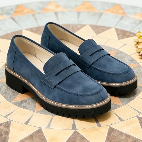 Image of Womens Penny Loafer ShoesSuede Chunky Oxford LUE Sole Comfortable Slip On for Casual Business,Work and Date