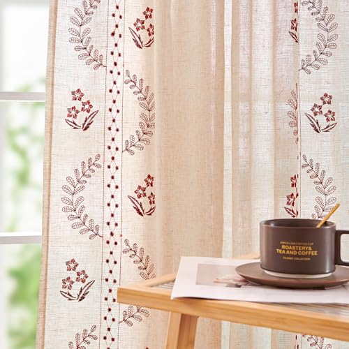 Image of jinchan Floral Linen Curtains 63 Inch Farmhouse Back Tab 2 Panels
