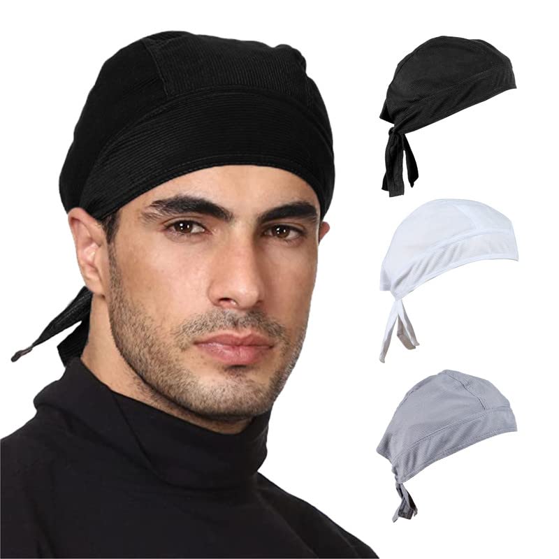 3 Pack Sweat Wicking Do Rag Cooling Beanie Helmet Liner Dew Rag Head Scarf Bandana Head Wrap Motorcycle