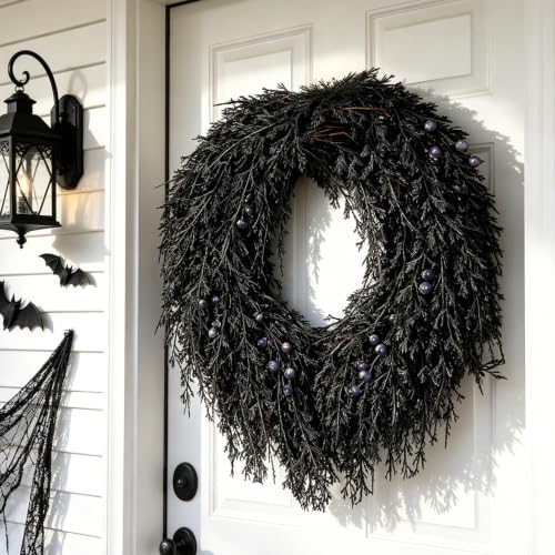 Image of DN DECONATION Halloween Wreath for Front Door, Decorations for Outdoor | 20in, Black Pine Wreath with Berries, Perfect for Fall Halloween Decorations, Farmhouse Home Wall Mantle Door Decor