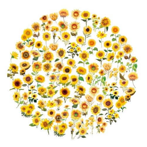 Obujopal 100Pcs Small Sunflower Stickers Transparent for Scrapbooking Water Bottle Laptop Junk Journal Collage Card Making Phone Case Envelope Planner DIY Crafts 50 Designs