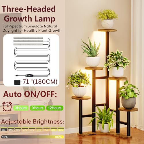 Image of Corner Plant Stand Indoor with Grow Lights 6 Tiered Corner Plant Shelf | Flower Stand for Multiple Plants, Plant Shelves Organizer Rack for Living Room, Balcony, Patio, Garden, Rustic Brown