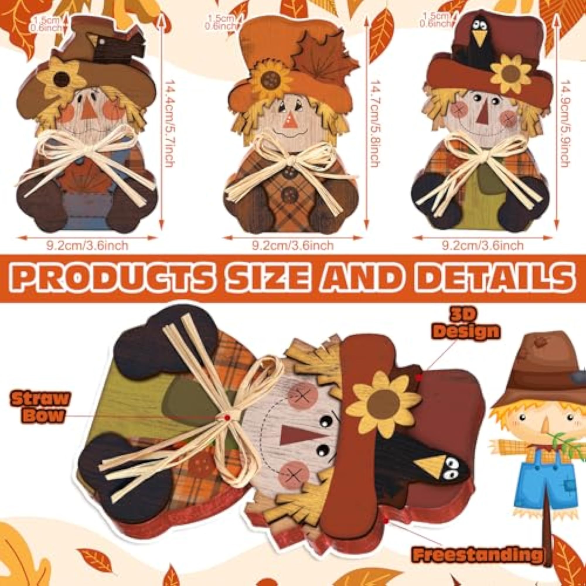 3 Pcs Fall Scarecrow Decor Wooden Block Sign Table Centerpieces