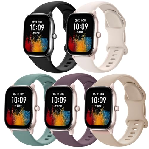 ZOCOVIN 5 Stücks 20mm Silikon Armband Kompatibel mit Amazfit GTS 4 Mini/GTS 2 Mini/GTR Mini/GTS 4/GTS 3/GTS 2 Weich Sport Wasserdichtes Ersatzarmband für Amazfit Bip/Bip U Pro Damen Herren