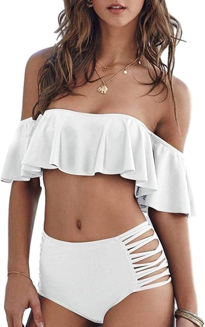 Amazon オフショルダー 水着 レディース バンドゥ ビキニ ハイウエスト オフショル オフショル水着 ハイウエスト水着 プチプラ水着 L ホワイト ビキニ セパレーツ 通販