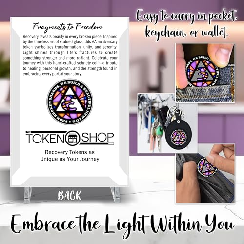 Image of Stained Glass 3 Year AA Chip Sobriety Coin Medallion, Fragments to Freedom Alcoholics Anonymous Addiction Recovery Anniversary Token, Inspirational Sober Gifts for Men and Women by the Token Shop