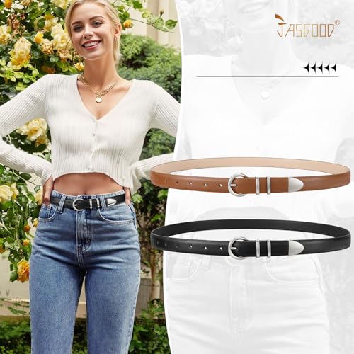 JASGOOD 2 Pack Women's Leather Belts with Gold Buckle Fashion Leather Waist Belt Elegant Ladies Belts for Jeans Dress2