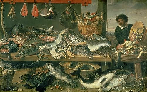 Tableau graffiti marché aux poissons Frans Snyders pour salon chic 60x90cm