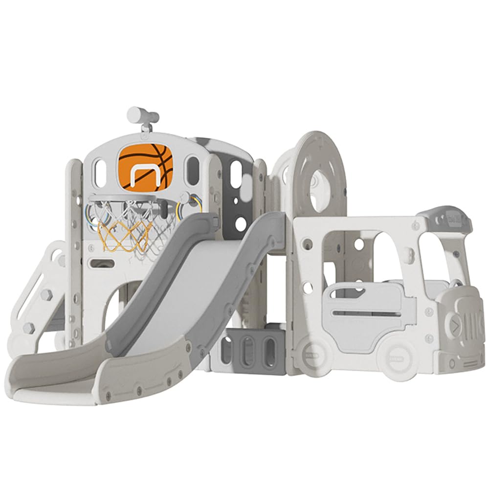 FUKEA Bus Kids Slide, Toddler Large Slide Playground Outdoor Indoor, Garden Slide Climbing Frame with Storage Box, Basketball Hoop, Crawl Tunnel, Multi-function Slide for Toddlers age 1-3(Bus)