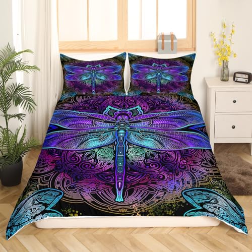 Erosebridal Parure de lit 3 pièces avec housse de couette décorative style bohème, motif mandala cachemire, libellule pourpre, insecte, trippy gitan irisé, chic, hippie, pour très grand lit