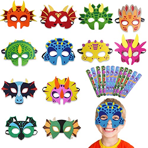 Guidre 24 Stück Dinosaurier Maske, Dinosaurier Slap Armbänder, Filz Masken Mit Elastischen Seil für Cosplay Kinder Dino-Geburtstagsparty, Kindergeburtstag Maskerade Mottoparty Halloween (Dino)