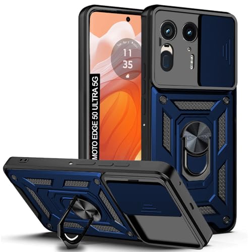 AESTMO Tough Armor Motorola Moto Edge 50 Ultra 5G Bumper Back Case Cover | Ring Holder & Sliding Camera Shield Cover | 360 Degree Protection Back Case Cover for Motorola Moto Edge 50 Ultra 5G (Blue)