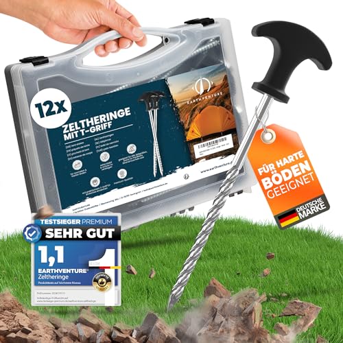 Preisvergleich Produktbild EARTHVENTURE® 12x Zeltheringe aus Stahl - Heringe - Schraubheringe - stabile & sturmsichere Erdnagel für Camping - ideal für weiche bis Harte Böden Erdschrauben mit Transportbox - stark & rostfrei