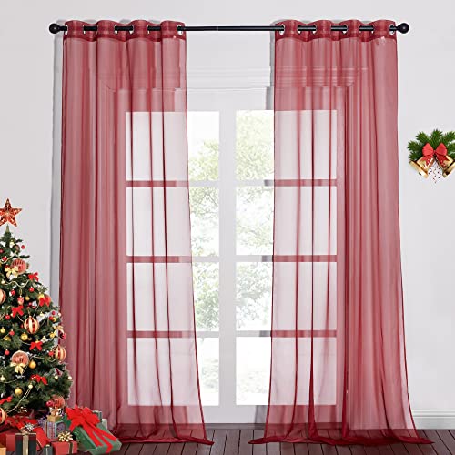 Image of NICETOWN Sheer Window Curtains Panels - Lighter Filtering Soft Home Decor Fashion Ring Top Voile Window Draperies for Living Room /Master Bedroom on Christmas (W54 x L96 Inches, Haute Red, 1 Pair)